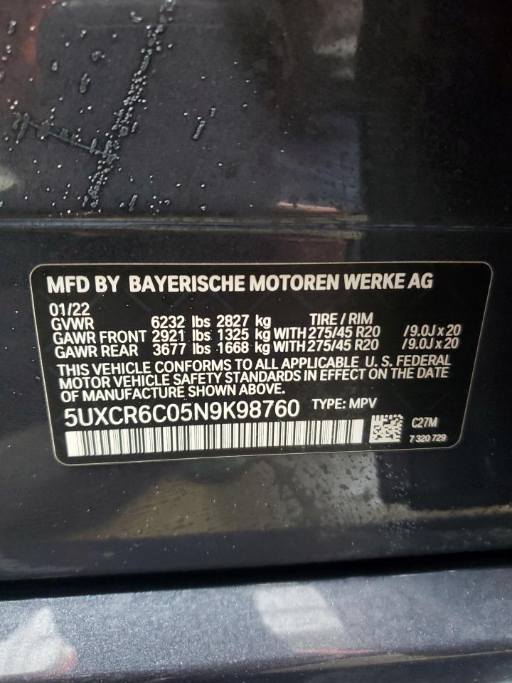 2022 BMW X5 XDRIVE40I VIN:5UXCR6C05N9K98760