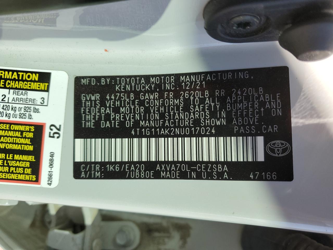 2022 TOYOTA CAMRY SE VIN:4T1G11AK2NU017024