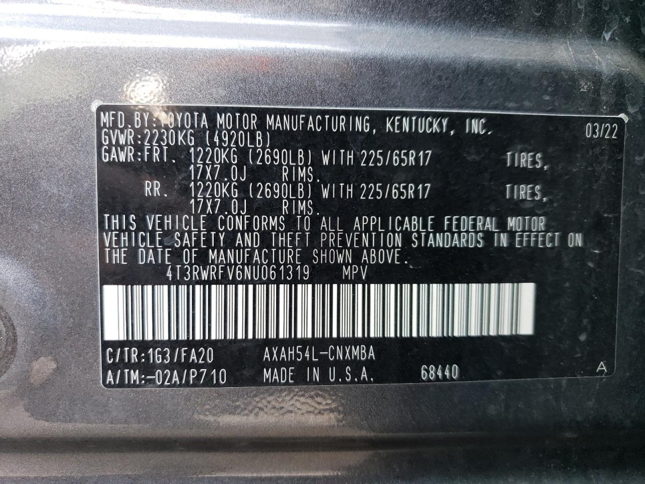 2022 TOYOTA RAV4 XLE VIN:4T3RWRFV6NU061319