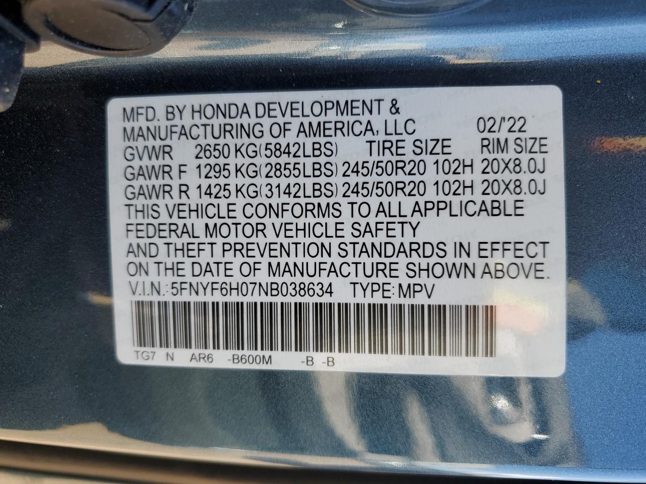 2022 HONDA PILOT ELITE VIN:5FNYF6H07NB038634