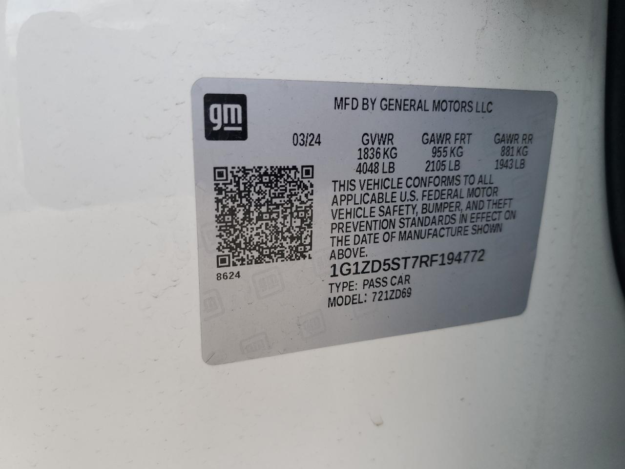 2024 CHEVROLET MALIBU LT VIN:1G1ZD5ST7RF194772