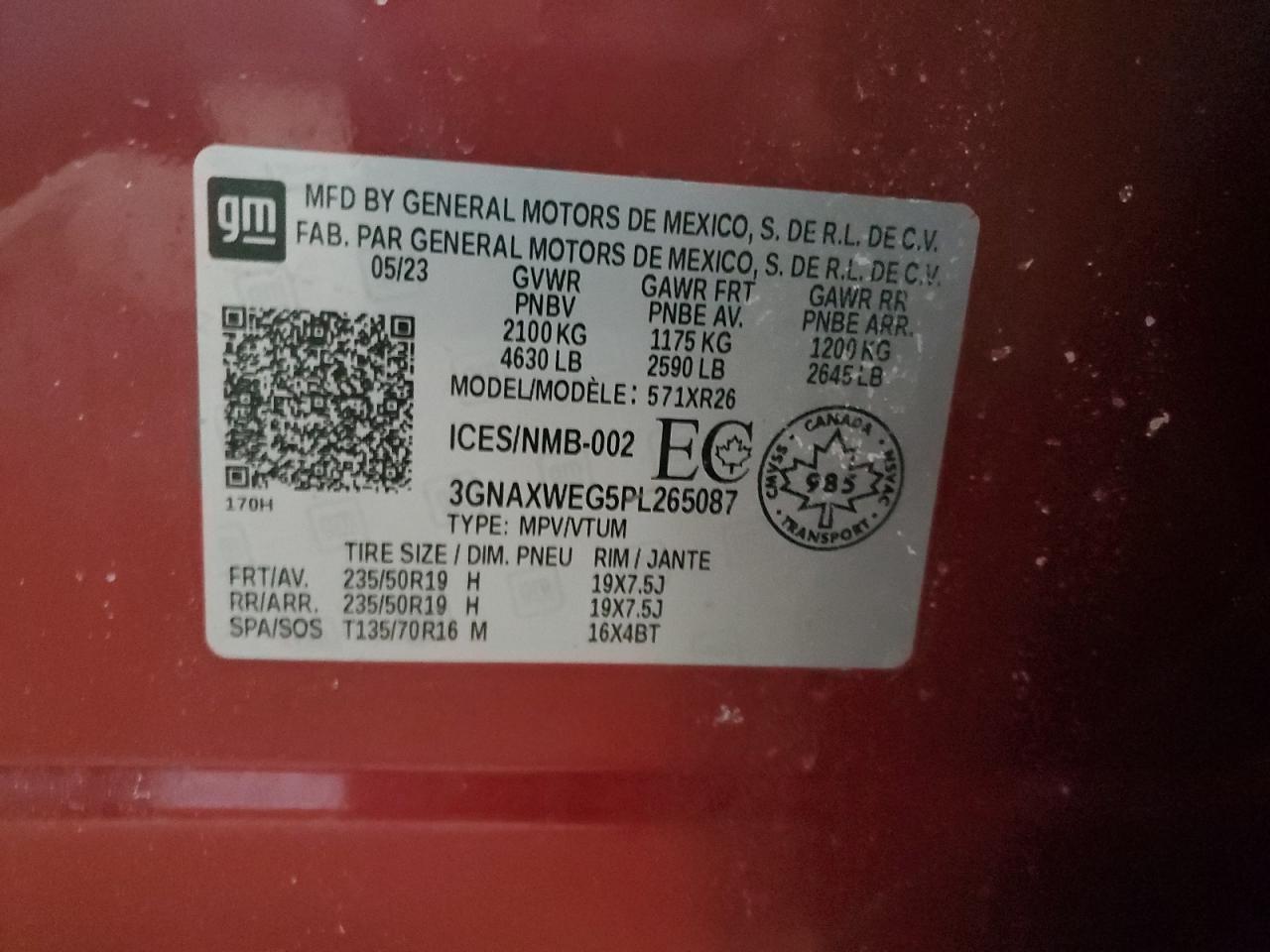 2023 CHEVROLET EQUINOX RS VIN:3GNAXWEG5PL265087