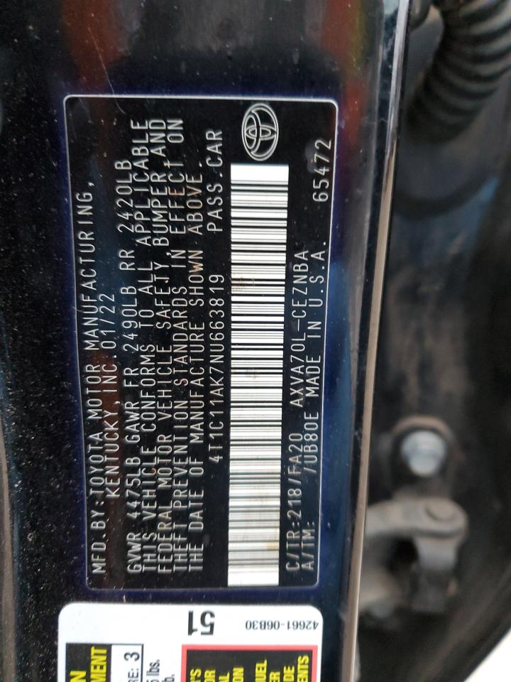 2022 TOYOTA CAMRY LE VIN:4T1C11AK7NU663819