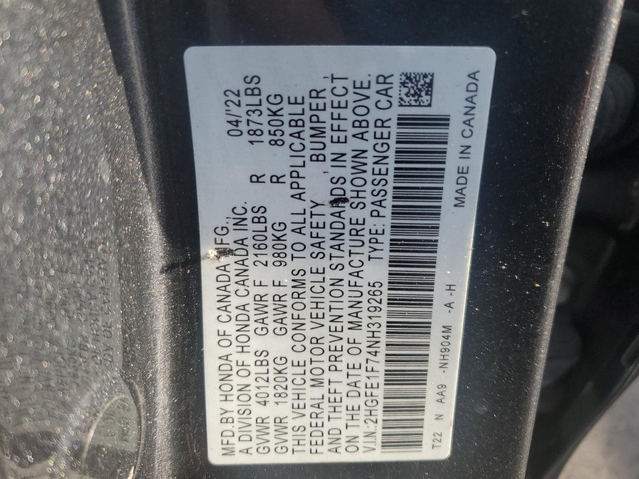 2022 HONDA CIVIC EX VIN:2HGFE1F74NH319265