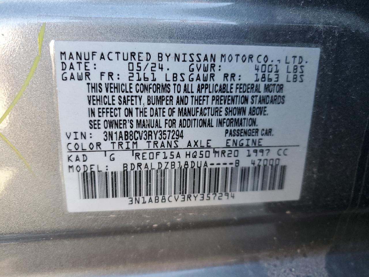 2024 NISSAN SENTRA SV VIN:3N1AB8CV3RY357294