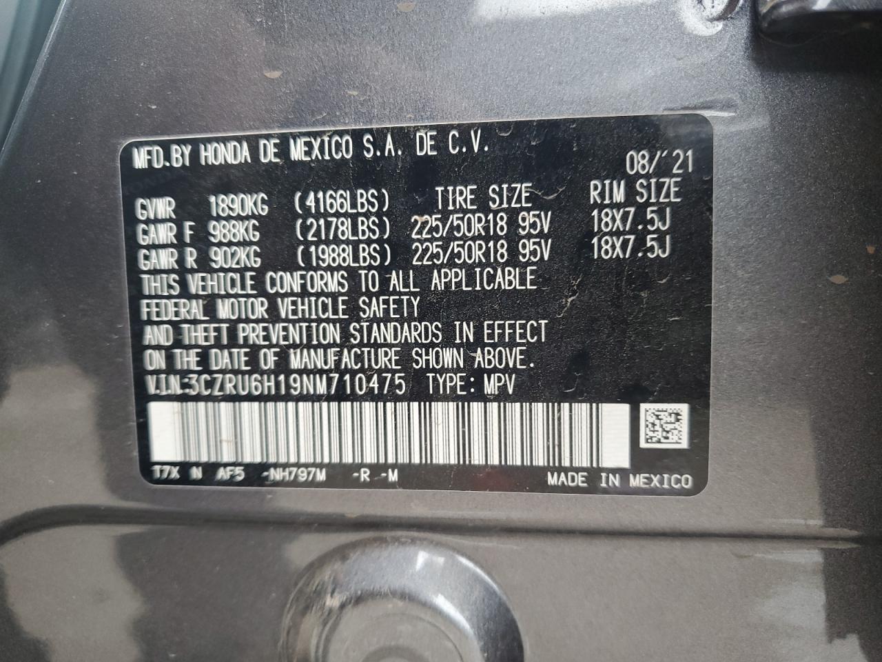 2022 HONDA HR-V SPORT VIN:3CZRU6H19NM710475