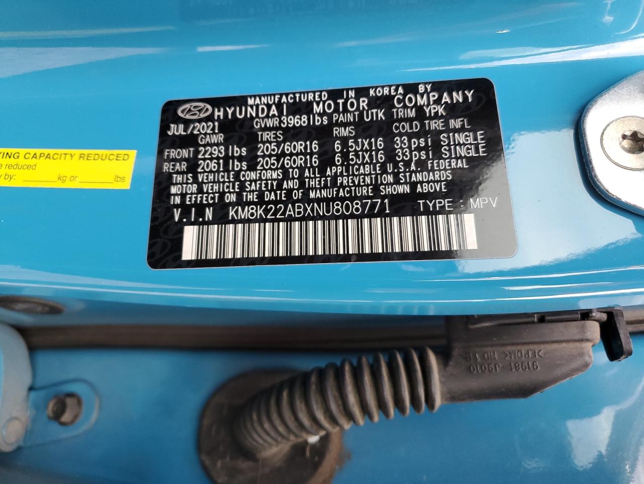 2022 HYUNDAI KONA SEL VIN:KM8K22ABXNU808771