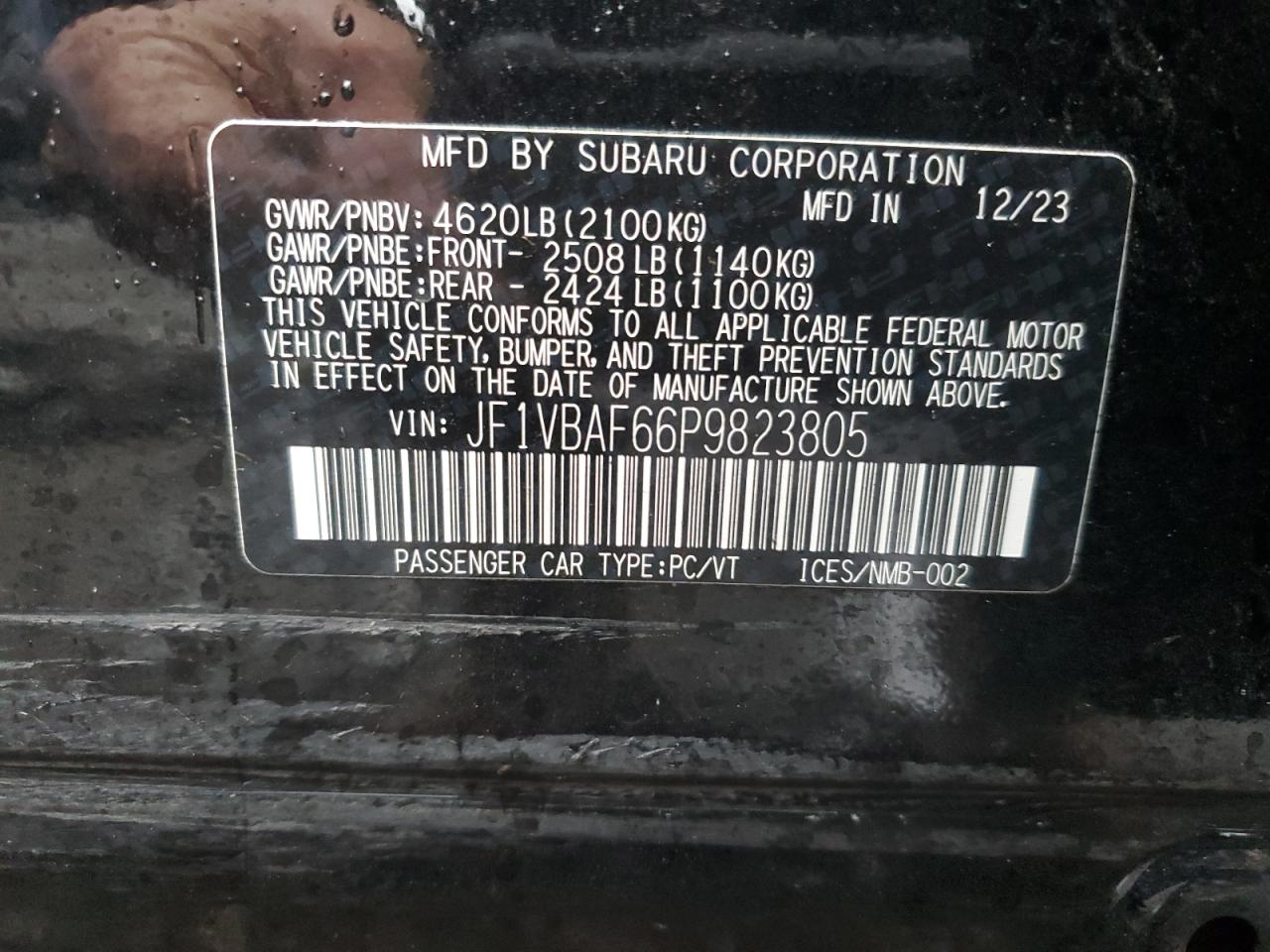 2023 SUBARU WRX PREMIUM VIN:JF1VBAF66P9823805