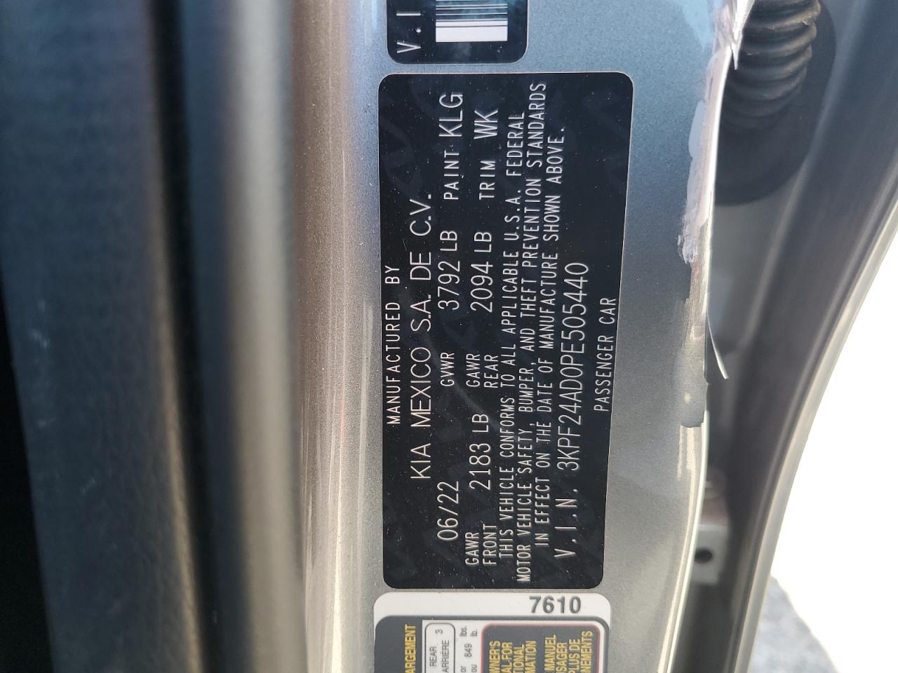 2023 KIA FORTE LX VIN:3KPF24AD0PE505440
