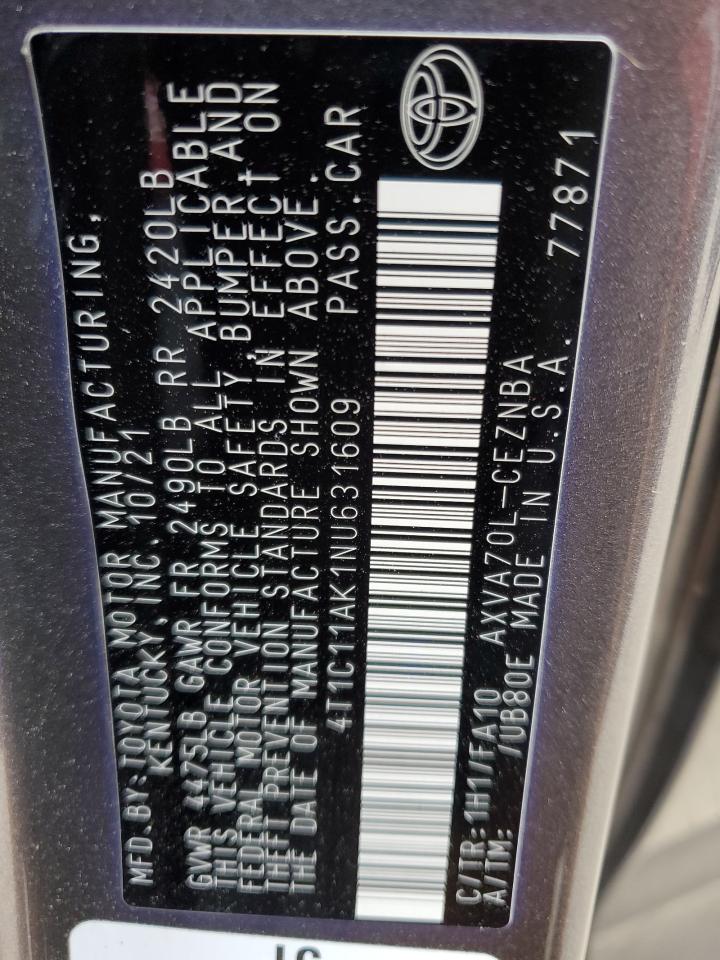 2022 TOYOTA CAMRY LE VIN:4T1C11AK1NU631609