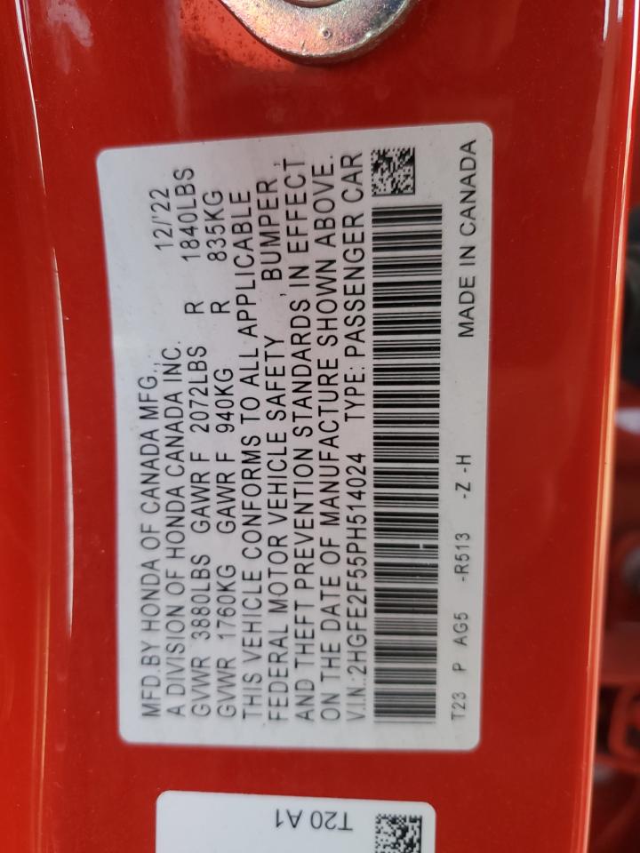 2023 HONDA CIVIC SPORT VIN:2HGFE2F55PH514024