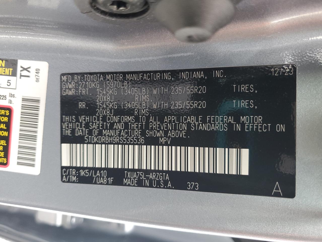 2024 TOYOTA HIGHLANDER LE VIN:5TDKDRBH9RS535536