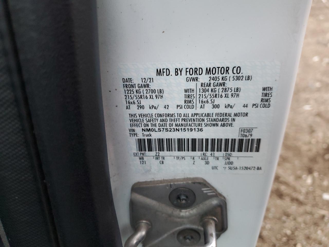 2022 FORD TRANSIT CONNECT XL VIN:NM0LS7S23N1519136