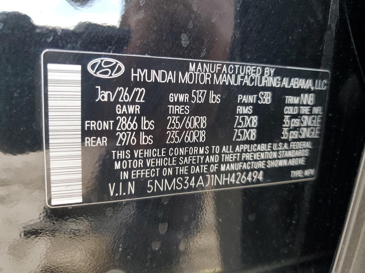 2022 HYUNDAI SANTA FE SEL VIN:5NMS34AJ1NH426494