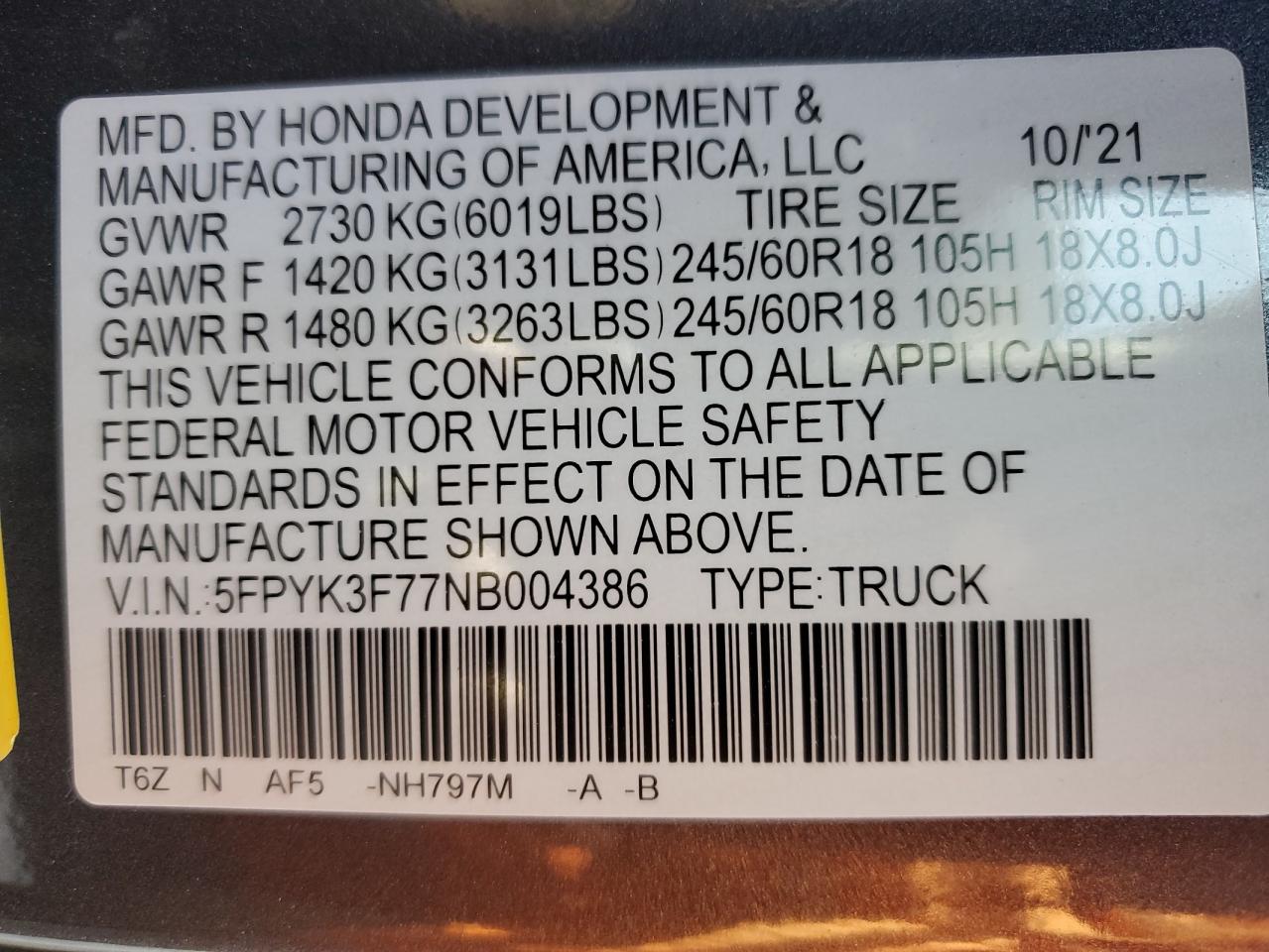 2022 HONDA RIDGELINE RTL VIN:5FPYK3F77NB004386