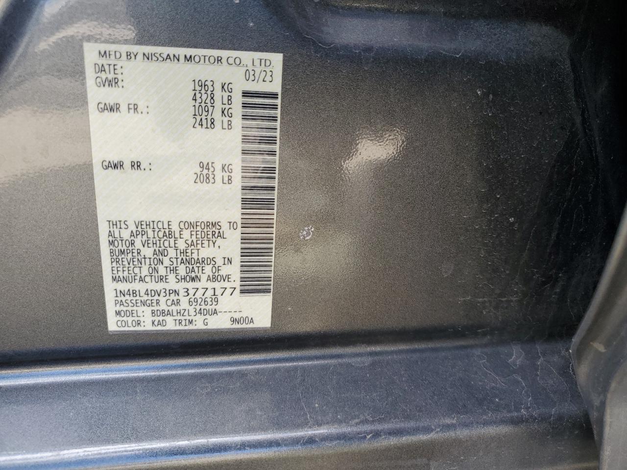 2023 NISSAN ALTIMA SV VIN:1N4BL4DV3PN377177