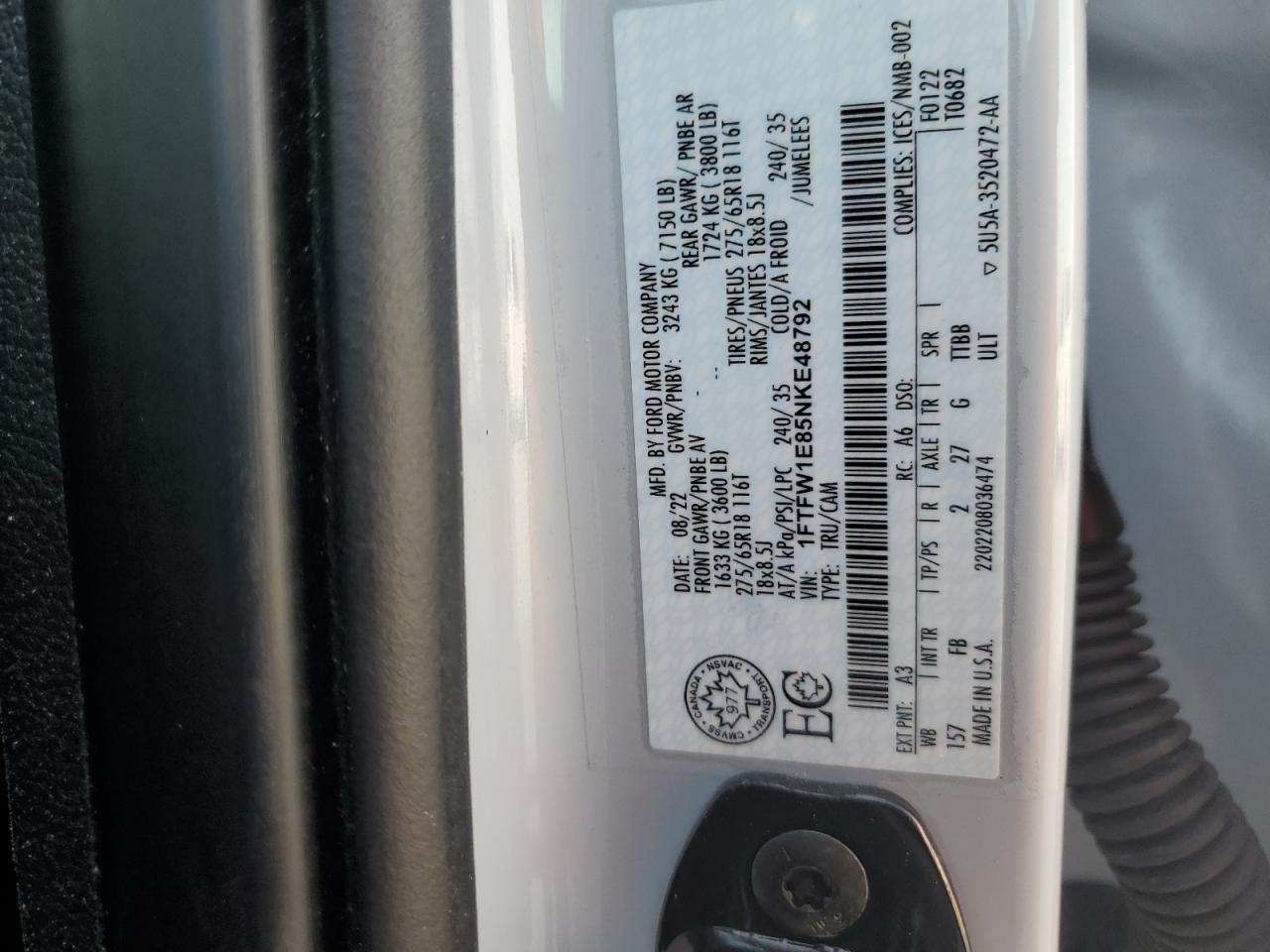 2022 FORD F150 SUPERCREW VIN:1FTFW1E85NKE48792