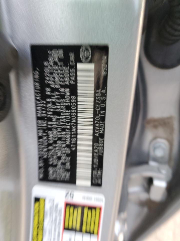 2022 TOYOTA CAMRY SE VIN:4T1G11AK7NU690598