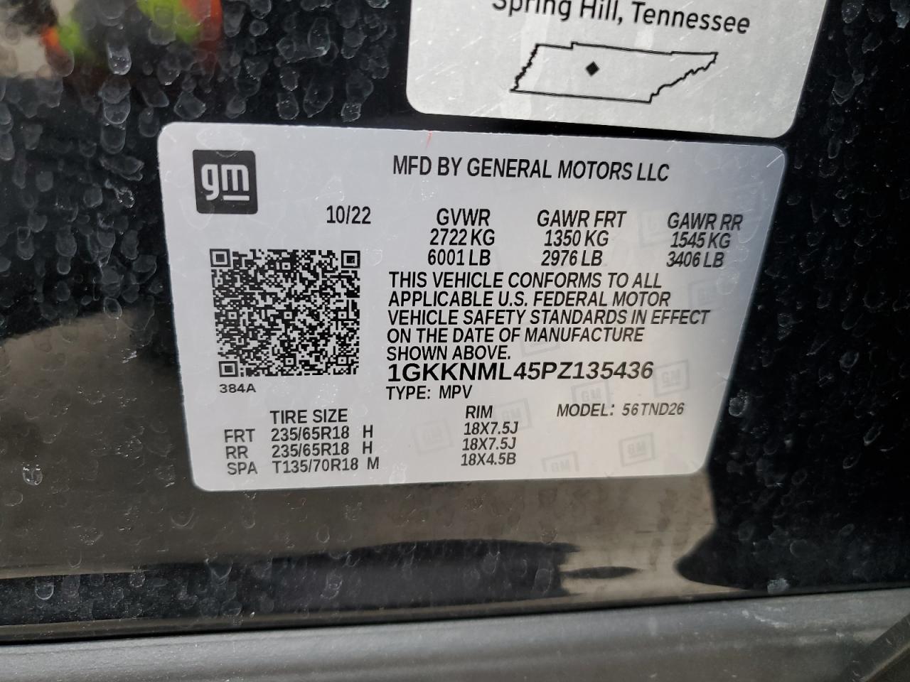 2023 GMC ACADIA SLT VIN:1GKKNML45PZ135436