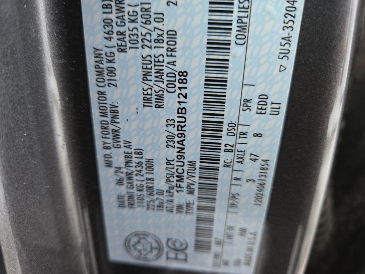 2024 FORD ESCAPE ST LINE SELECT VIN:1FMCU9NA9RUB12188