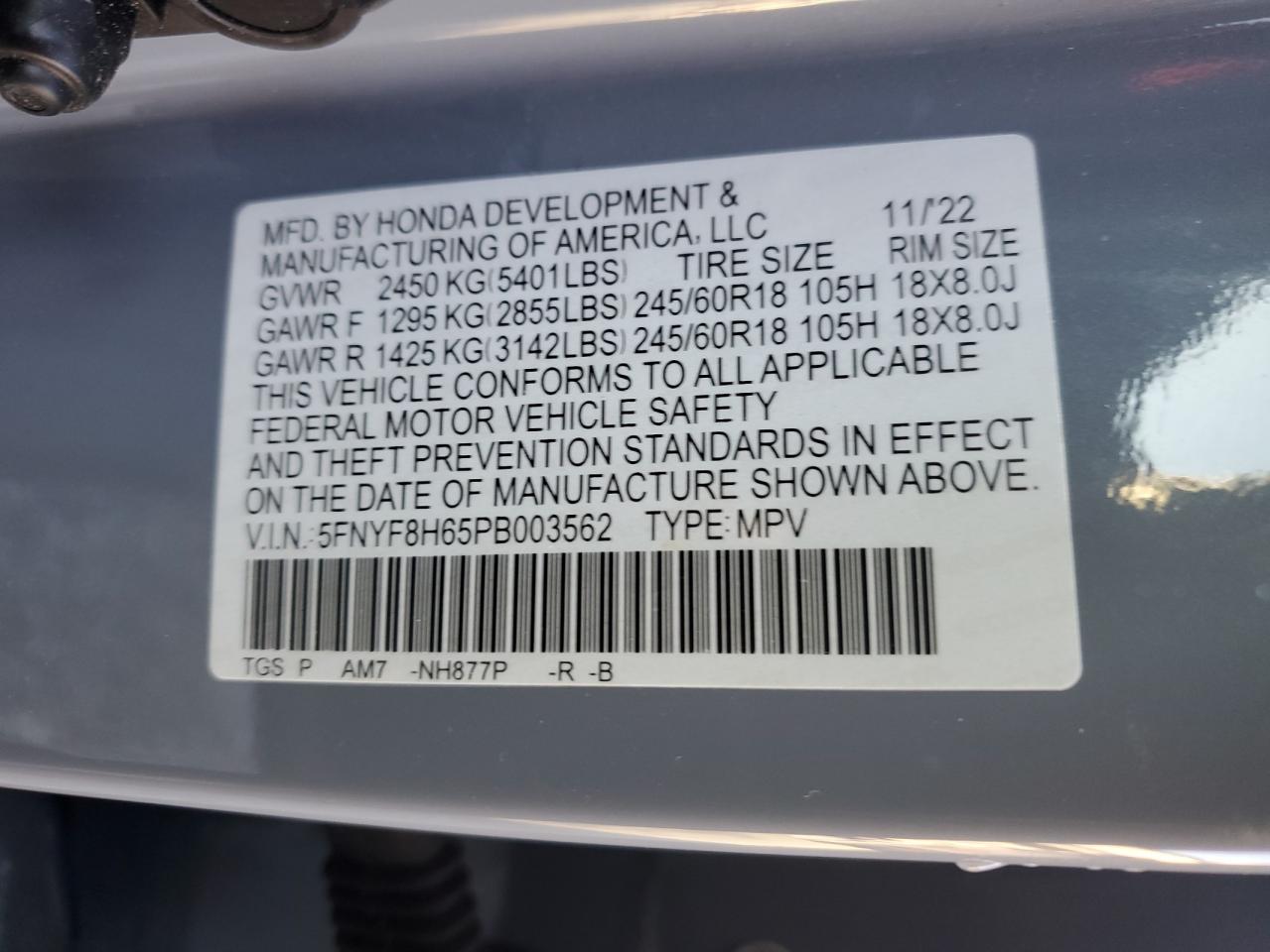 2023 HONDA PASSPORT TRAIL SPORT VIN:5FNYF8H65PB003562