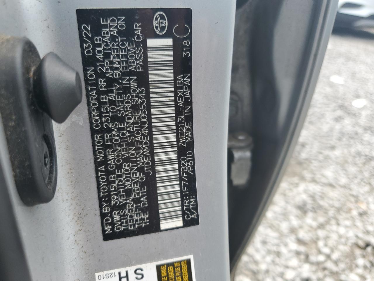 2022 TOYOTA COROLLA LE VIN:JTDEAMDE4NJ055343