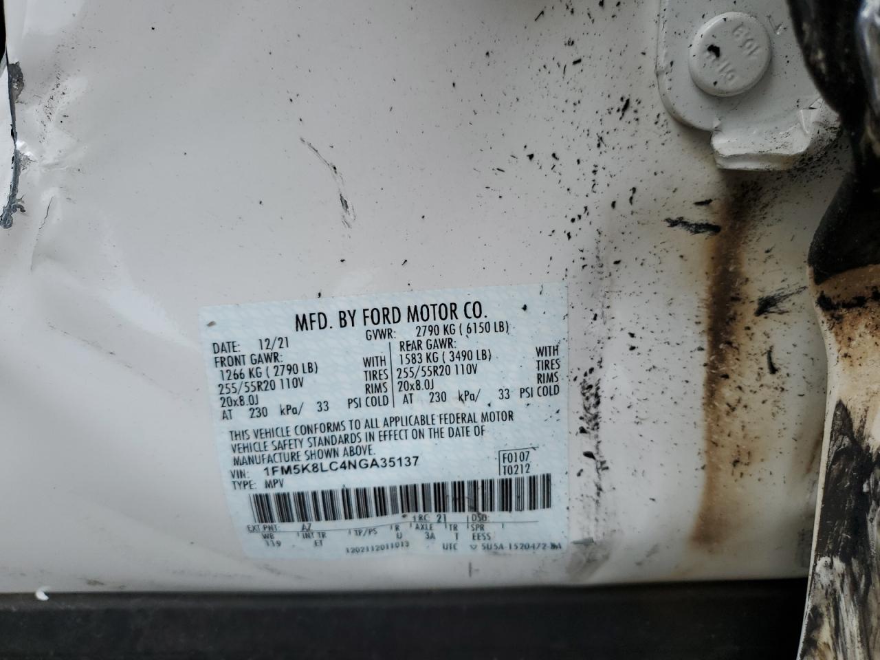 2022 FORD EXPLORER KING RANCH VIN:1FM5K8LC4NGA35137