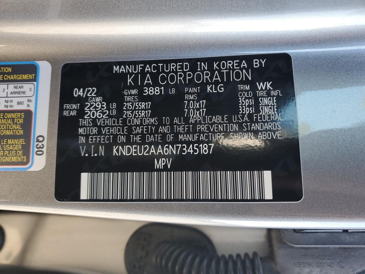 2022 KIA SELTOS S VIN:1FMCU9H99DUC03956