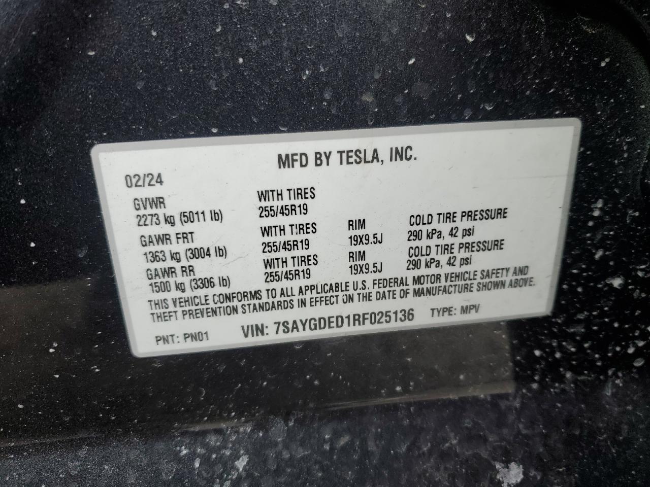 2024 TESLA MODEL Y  VIN:7SAYGDED1RF025136