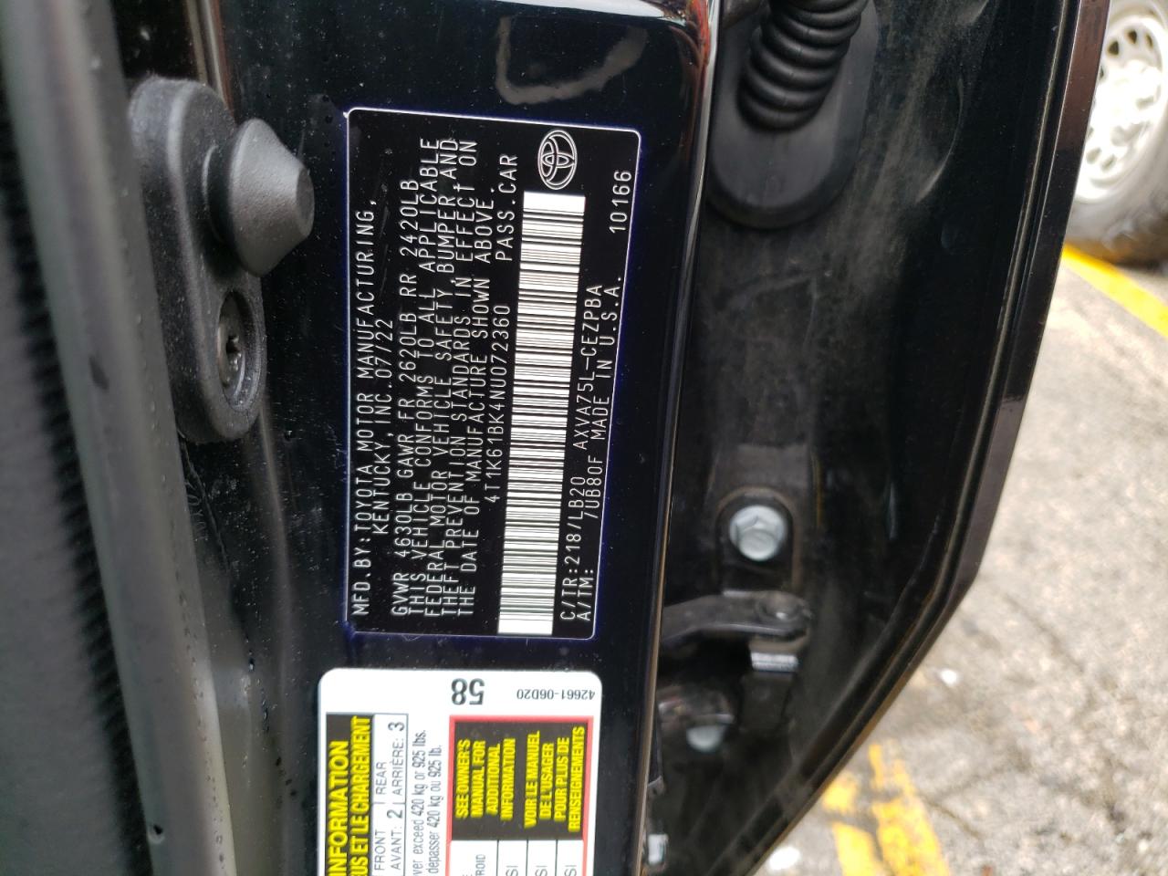 2022 TOYOTA CAMRY XSE VIN:4T1K61BK4NU072360