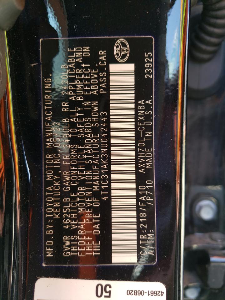 2022 TOYOTA CAMRY LE VIN:4T1C31AK3NU042443