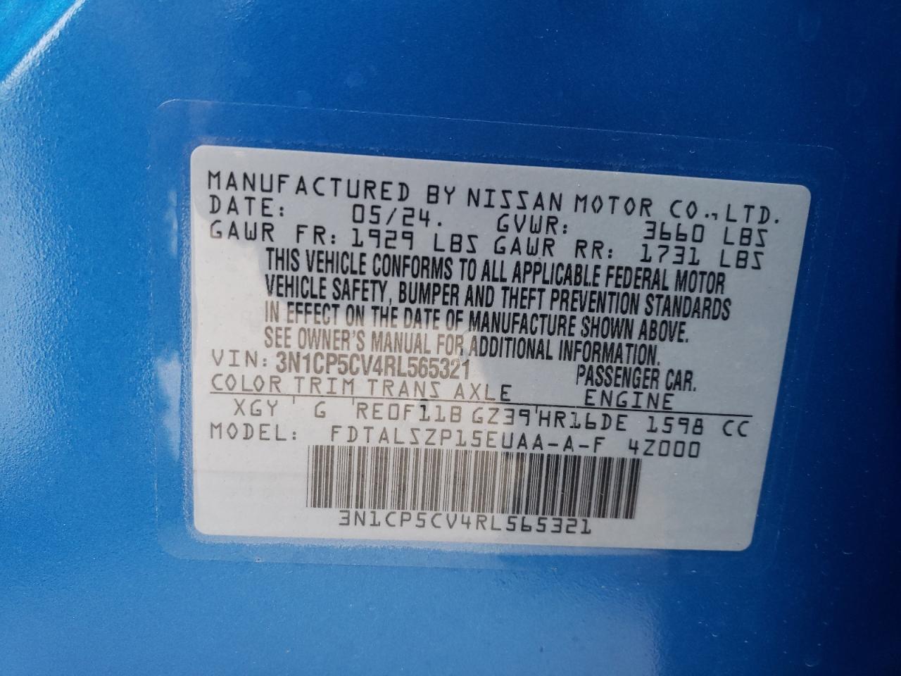2024 NISSAN KICKS SV VIN:3N1CP5CV4RL565321