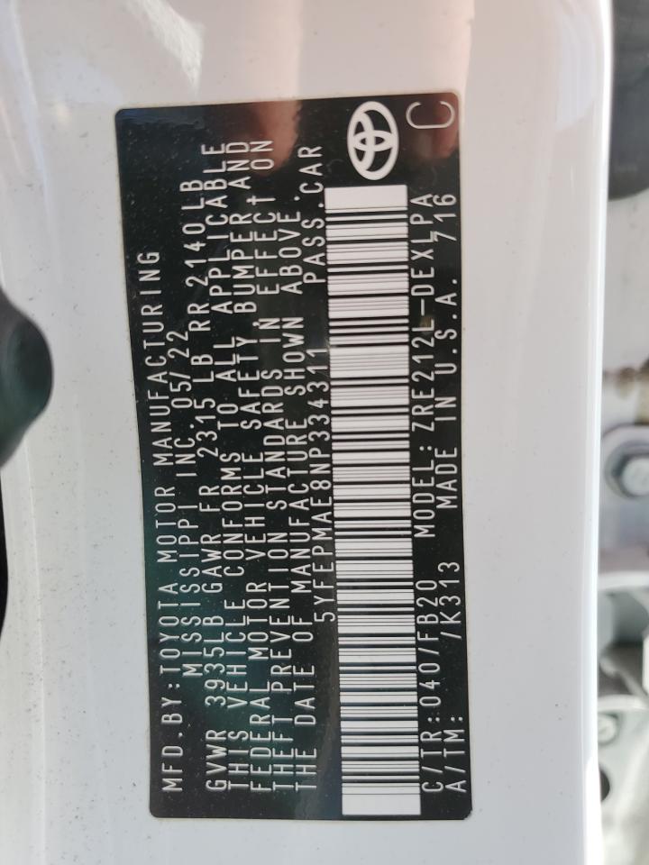 2022 TOYOTA COROLLA LE VIN:5YFEPMAE8NP334311