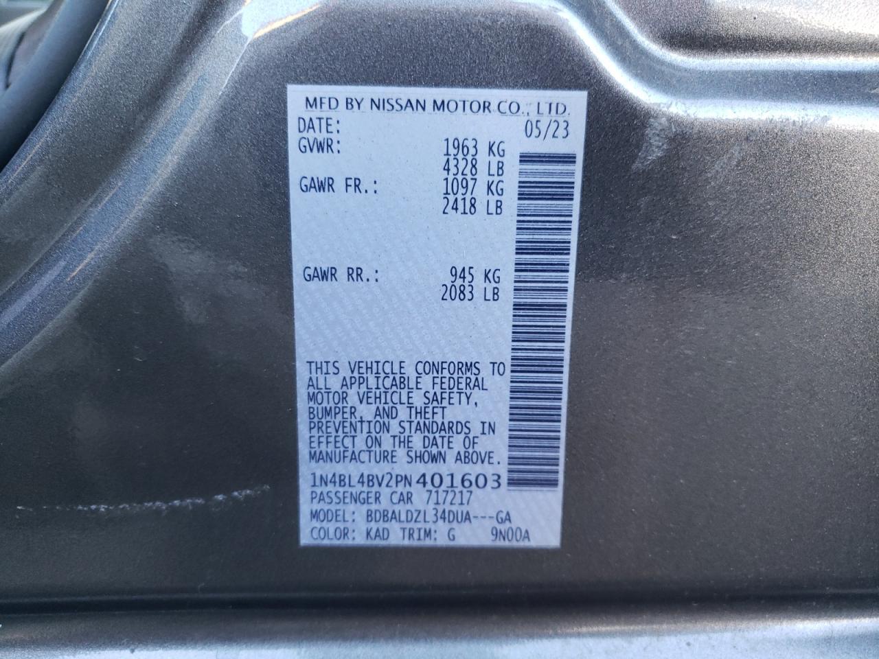 2023 NISSAN ALTIMA S VIN:1N4BL4BV2PN401603