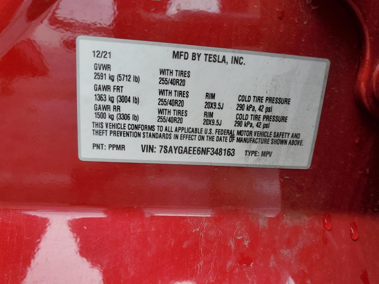 2022 TESLA MODEL Y  VIN:7SAYGAEE6NF348163