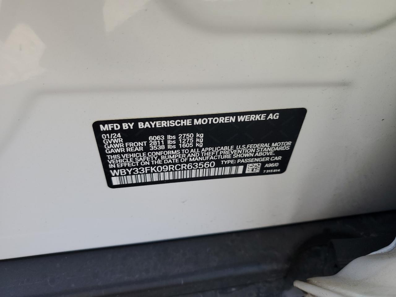 2024 BMW I5 EDRIVE 40 VIN:WBY33FK09RCR63560