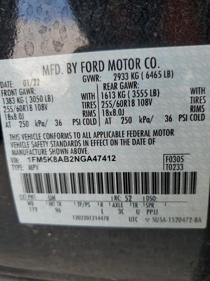 2022 FORD EXPLORER POLICE INTERCEPTOR VIN:1FM5K8AB2NGA47412