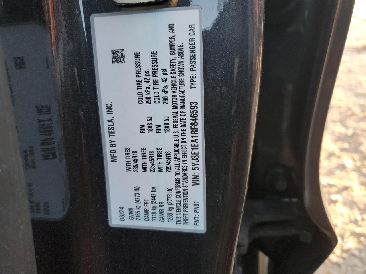 2024 TESLA MODEL 3  VIN:5YJ3E1EA1RF846593