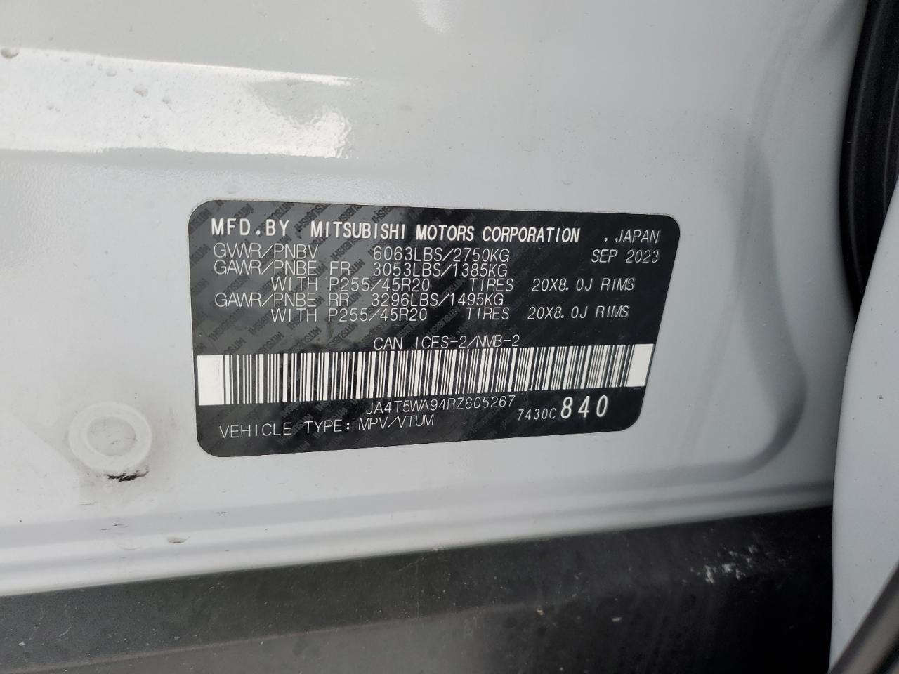 2024 MITSUBISHI OUTLANDER SEL VIN:JA4T5WA94RZ605267