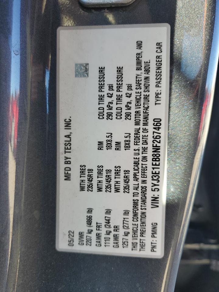 2022 TESLA MODEL 3  VIN:5YJ3E1EB8NF267460