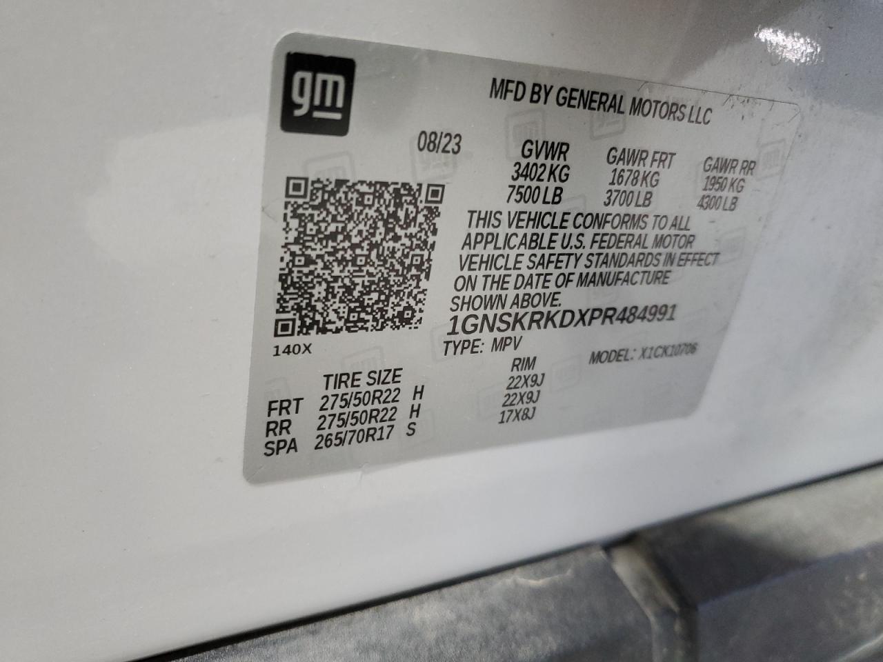 2023 CHEVROLET TAHOE K1500 RST VIN:1GNSKRKDXPR484991