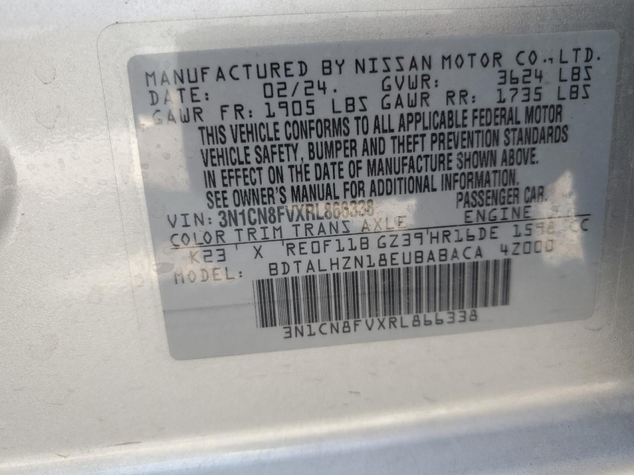 2024 NISSAN VERSA SR VIN:3N1CN8FVXRL866338