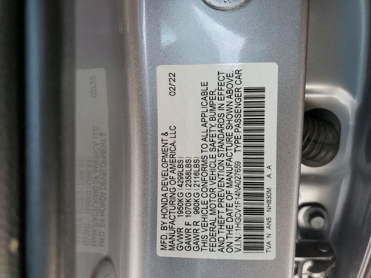 2022 HONDA ACCORD LX VIN:1HGCV1F14NA027659