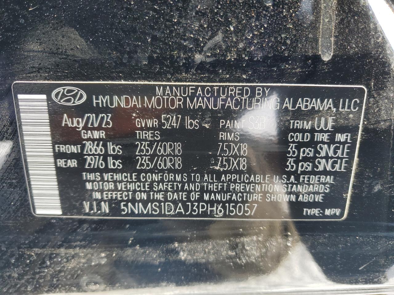 2023 HYUNDAI SANTA FE SE VIN:5NMS1DAJ3PH615057