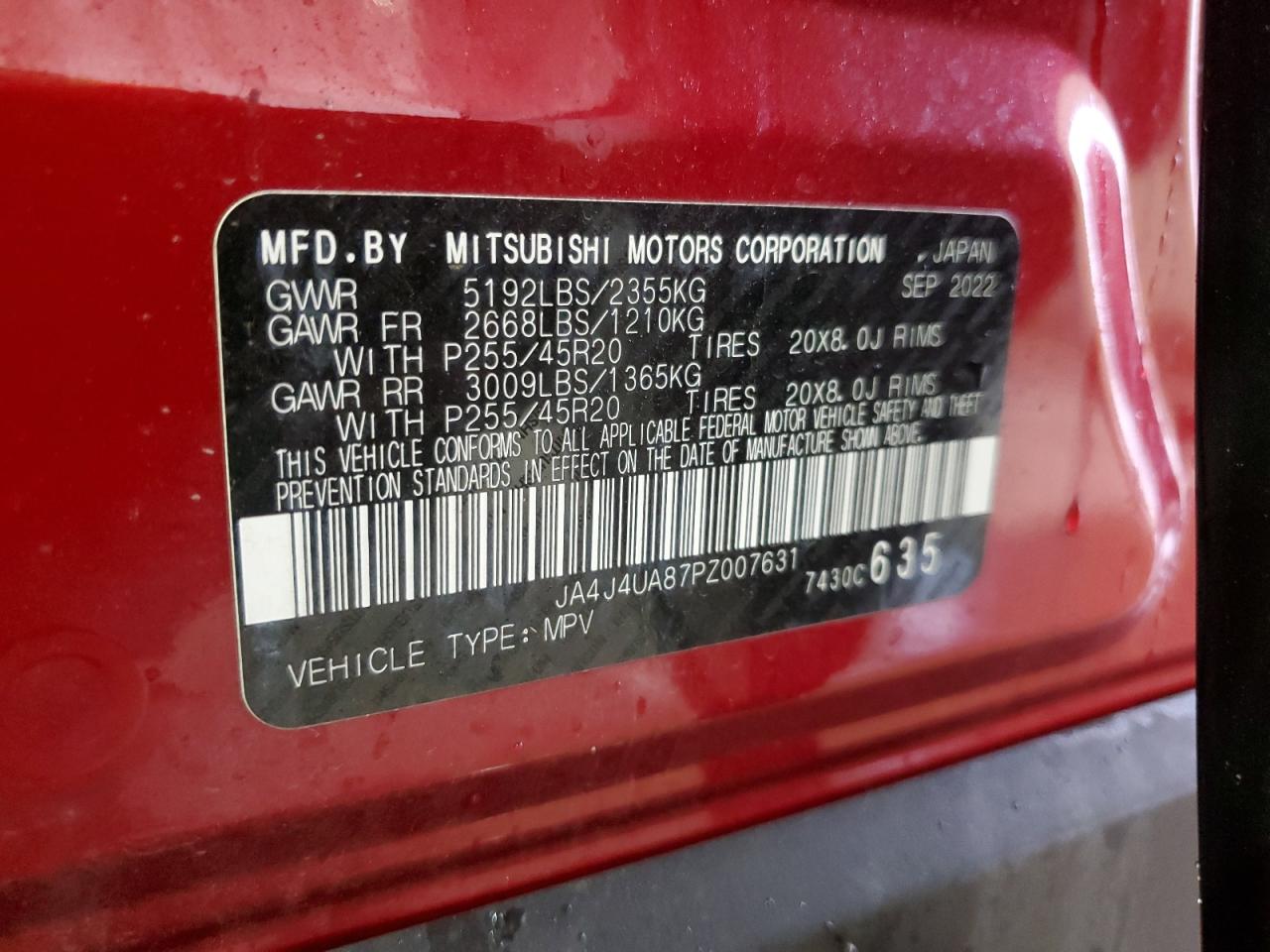 2023 MITSUBISHI OUTLANDER SE VIN:JA4J4UA87PZ007631