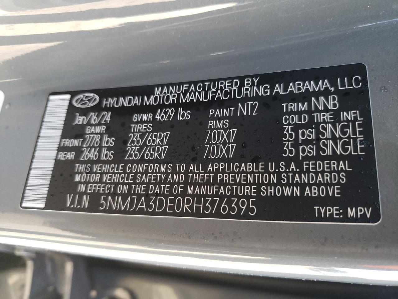 2024 HYUNDAI TUCSON SE VIN:5NMJA3DE0RH376395