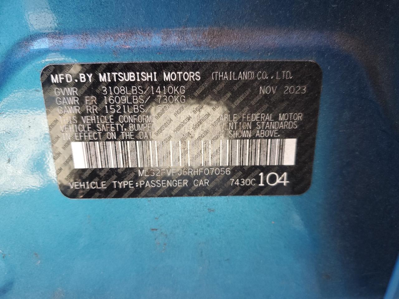 2024 MITSUBISHI MIRAGE G4 SE VIN:ML32FVFJ6RHF07056