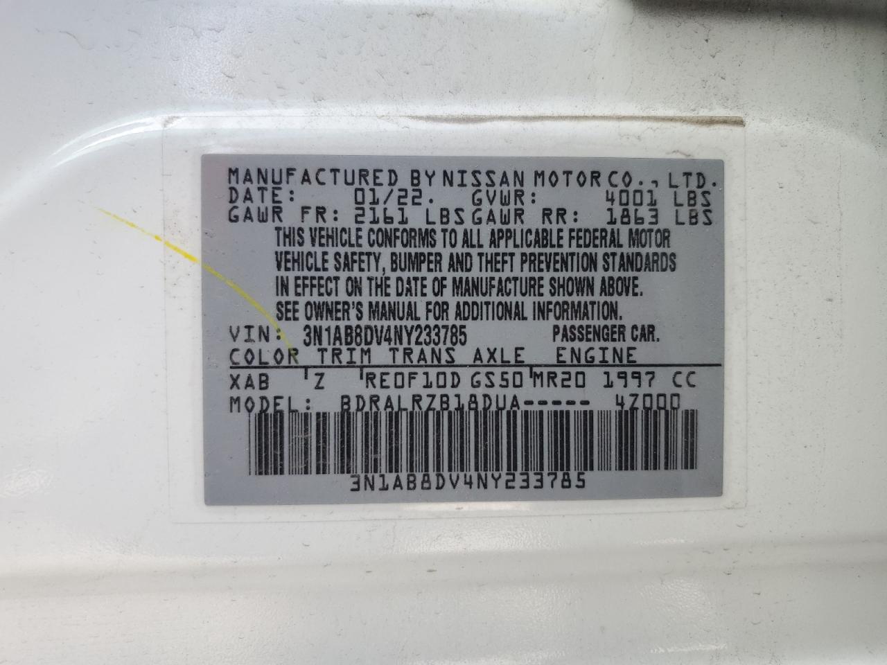 2022 NISSAN SENTRA SR VIN:3N1AB8DV4NY233785