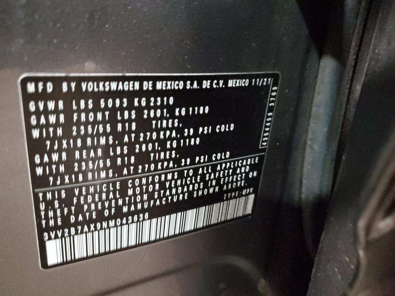 2022 VOLKSWAGEN TIGUAN SE VIN:2C4RDGBG1ER166118