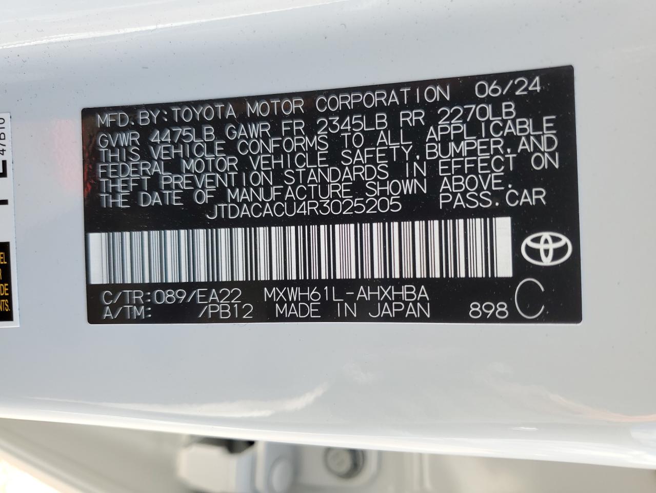 2024 TOYOTA PRIUS PRIME SE VIN:JTDACACU4R3025205